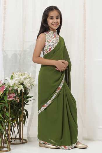 Little Bansi_Green Cotton, Georgette Saree And Sleeveless Blouse Set _at_Aza_Fashions