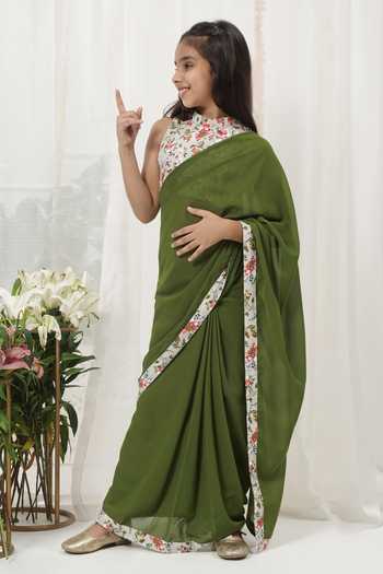 Shop_Little Bansi_Green Cotton, Georgette Saree And Sleeveless Blouse Set 