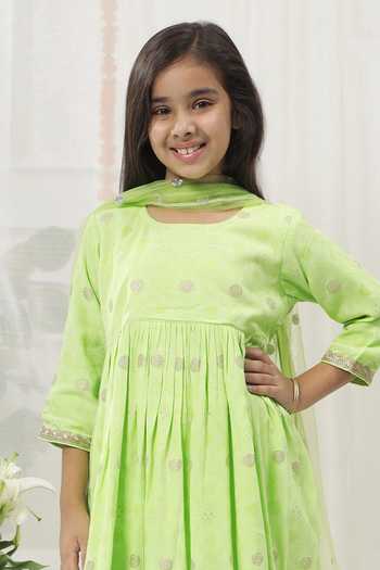 Buy_Little Bansi_Green Cotton Embroidered Kurta Sharara Set _Online_at_Aza_Fashions