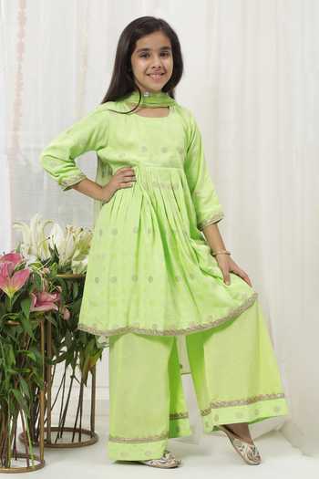 Little Bansi_Green Cotton Embroidered Kurta Sharara Set _at_Aza_Fashions