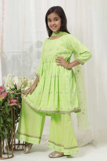 Buy_Little Bansi_Green Cotton Embroidered Kurta Sharara Set 
