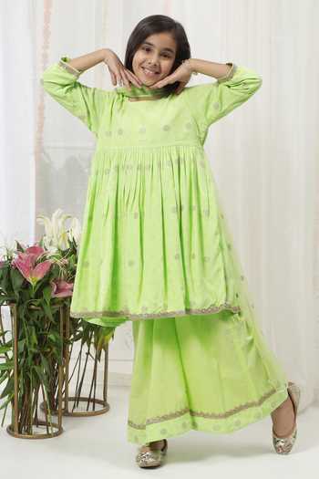 Shop_Little Bansi_Green Cotton Embroidered Kurta Sharara Set 