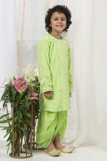 Little Bansi_Green Cotton Embroidery Kurta And Dhoti Pant Set _Online_at_Aza_Fashions