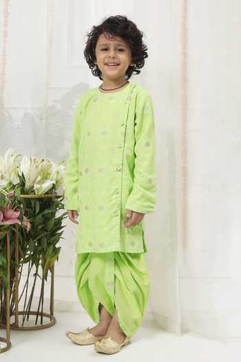 Little Bansi_Green Cotton Embroidery Kurta And Dhoti Pant Set _at_Aza_Fashions