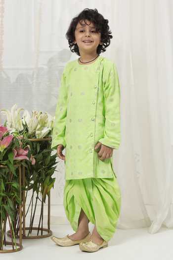 Buy_Little Bansi_Green Cotton Embroidery Kurta And Dhoti Pant Set 
