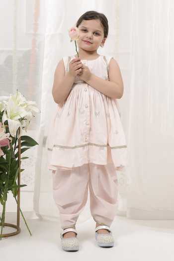 Little Bansi_Pink Cotton Embroidered Kurta And Salwar Set _Online_at_Aza_Fashions