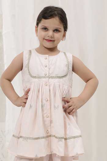 Buy_Little Bansi_Pink Cotton Embroidered Kurta And Salwar Set _Online_at_Aza_Fashions
