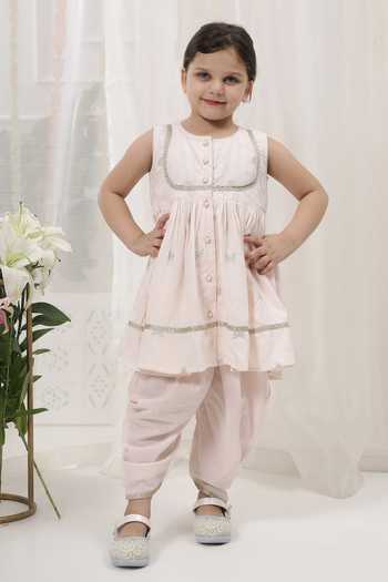 Little Bansi_Pink Cotton Embroidered Kurta And Salwar Set _at_Aza_Fashions