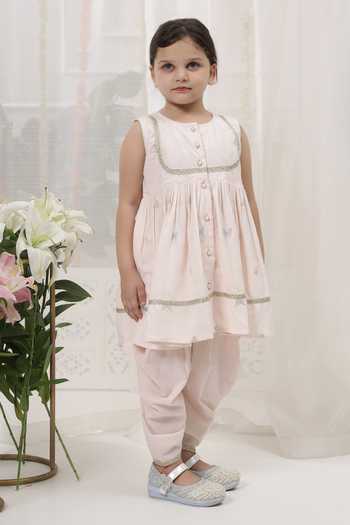 Buy_Little Bansi_Pink Cotton Embroidered Kurta And Salwar Set 