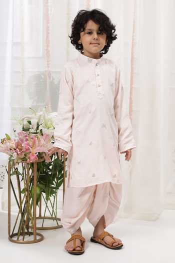 Buy_Little Bansi_Pink Cotton Embroidery Kurta And Dhoti Pant Set _Online_at_Aza_Fashions