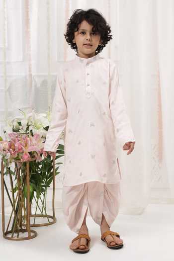 Shop_Little Bansi_Pink Cotton Embroidery Kurta And Dhoti Pant Set _Online_at_Aza_Fashions