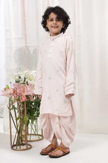 Little Bansi_Pink Cotton Embroidery Kurta And Dhoti Pant Set _at_Aza_Fashions