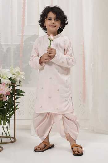 Buy_Little Bansi_Pink Cotton Embroidery Kurta And Dhoti Pant Set 