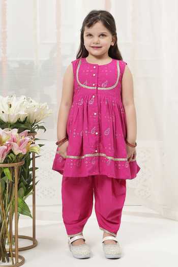 Buy_Little Bansi_Pink Cotton Embroidered Kurta And Salwar Set _Online_at_Aza_Fashions