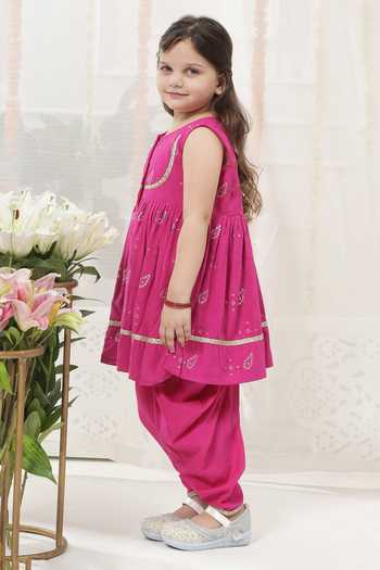 Shop_Little Bansi_Pink Cotton Embroidered Kurta And Salwar Set _Online_at_Aza_Fashions