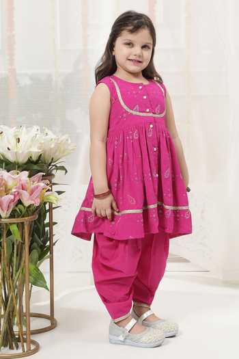 Little Bansi_Pink Cotton Embroidered Kurta And Salwar Set _at_Aza_Fashions