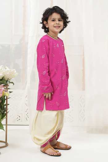 Little Bansi_Pink Cotton Embroidered Kurta And Dhoti Pant Set _Online_at_Aza_Fashions