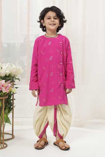 Shop_Little Bansi_Pink Cotton Embroidered Kurta And Dhoti Pant Set _Online_at_Aza_Fashions