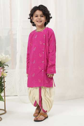 Little Bansi_Pink Cotton Embroidered Kurta And Dhoti Pant Set _at_Aza_Fashions