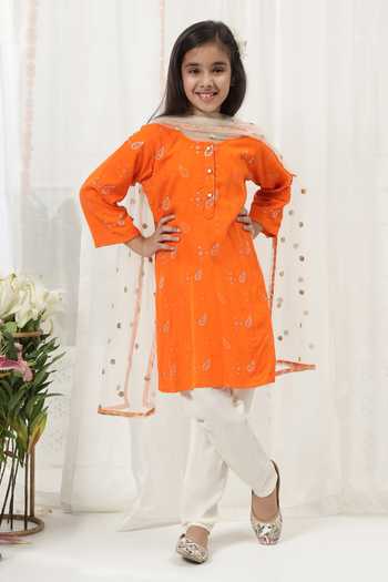 Buy_Little Bansi_Orange Cotton Embroidered Kurta Pyjama Set _Online_at_Aza_Fashions