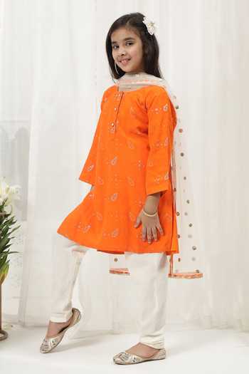 Shop_Little Bansi_Orange Cotton Embroidered Kurta Pyjama Set _Online_at_Aza_Fashions