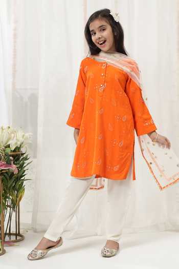 Buy_Little Bansi_Orange Cotton Embroidered Kurta Pyjama Set 