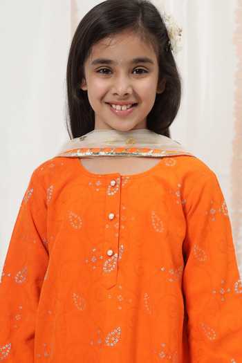 Shop_Little Bansi_Orange Cotton Embroidered Kurta Pyjama Set 