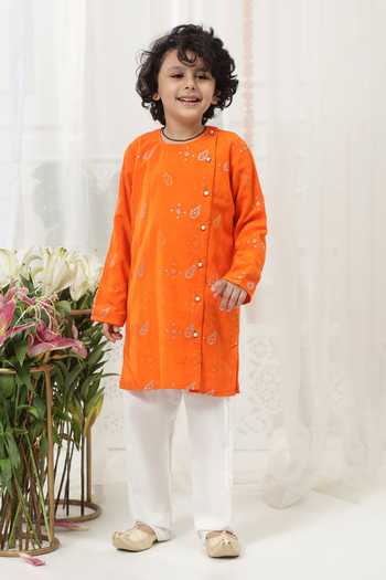 Buy_Little Bansi_Orange Cotton Embroidered Kurta And Pyjama Set _Online_at_Aza_Fashions