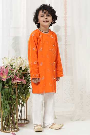 Shop_Little Bansi_Orange Cotton Embroidered Kurta And Pyjama Set _Online_at_Aza_Fashions