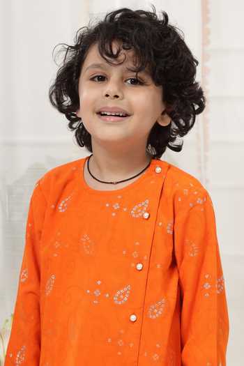 Buy_Little Bansi_Orange Cotton Embroidered Kurta And Pyjama Set 