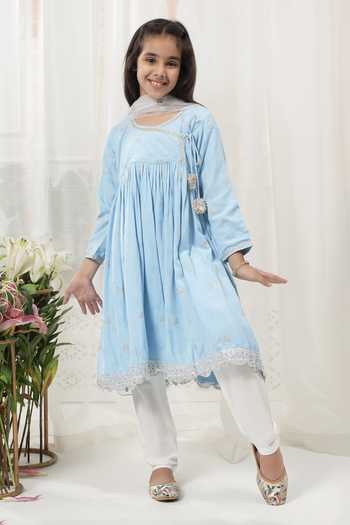 Shop_Little Bansi_Blue Cotton, Woven Design Embroidered Kurta Set _Online_at_Aza_Fashions