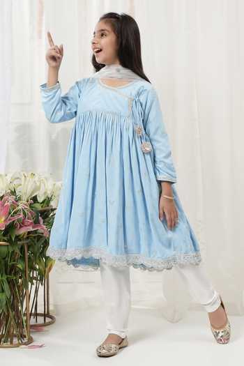Little Bansi_Blue Cotton, Woven Design Embroidered Kurta Set _at_Aza_Fashions