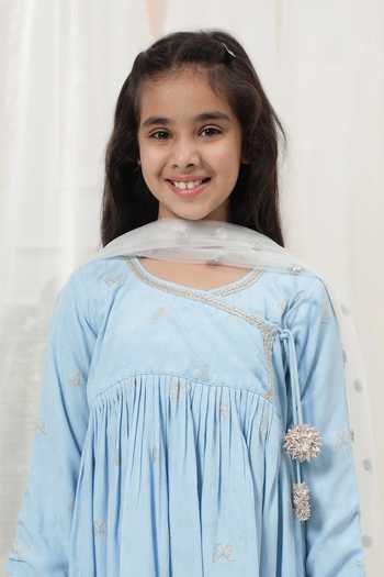 Buy_Little Bansi_Blue Cotton, Woven Design Embroidered Kurta Set 