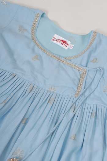 Shop_Little Bansi_Blue Cotton, Woven Design Embroidered Kurta Set 