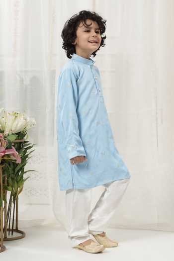 Buy_Little Bansi_Blue Cotton Embroidered Kurta And Pyjama Set _Online_at_Aza_Fashions
