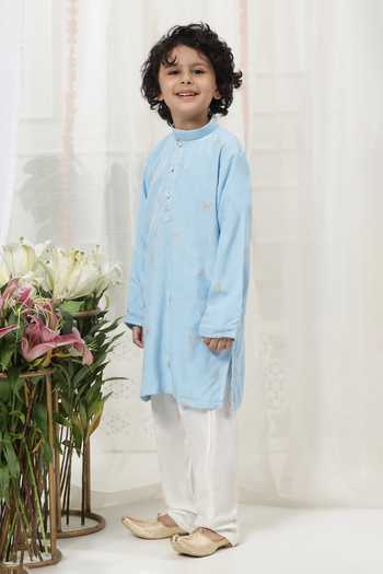 Shop_Little Bansi_Blue Cotton Embroidered Kurta And Pyjama Set _Online_at_Aza_Fashions