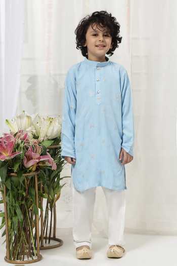Little Bansi_Blue Cotton Embroidered Kurta And Pyjama Set _at_Aza_Fashions