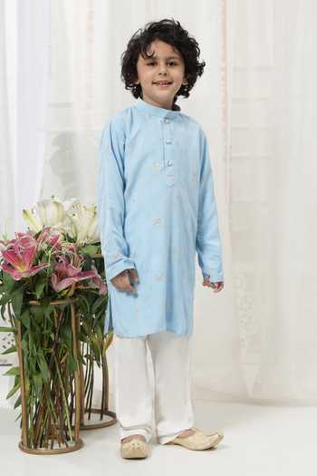 Buy_Little Bansi_Blue Cotton Embroidered Kurta And Pyjama Set 