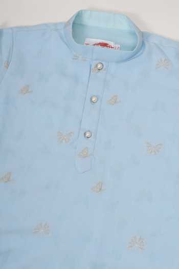 Shop_Little Bansi_Blue Cotton Embroidered Kurta And Pyjama Set 