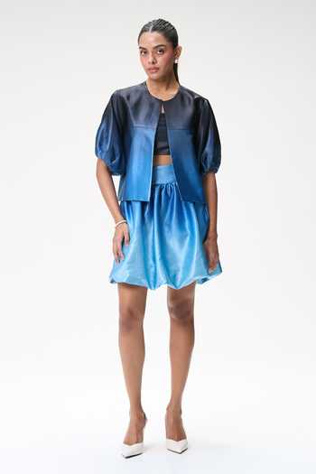 Tara And I Blue Silk Round Neck Ombre Bubble Sleeve Cropped Jacket Online at Aza Fashions Tara And I_Blue Silk Round Neck Ombre Bubble Sleeve Cropped Jacket _Online_at_Aza_Fashions