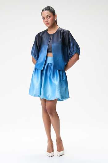 Buy Tara And I Blue Silk Round Neck Ombre Bubble Sleeve Cropped Jacket Online at Aza Fashions Buy_Tara And I_Blue Silk Round Neck Ombre Bubble Sleeve Cropped Jacket _Online_at_Aza_Fashions