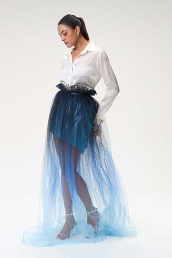 Tara And I Blue Silk, Tulle Ruffles Midnight Ombre Skirt Online at Aza Fashions Tara And I_Blue Silk, Tulle Ruffles Midnight Ombre Skirt _Online_at_Aza_Fashions