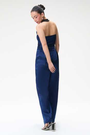 Tara And I Midnight Blue Silk Jumpsuit With Contrast Collar