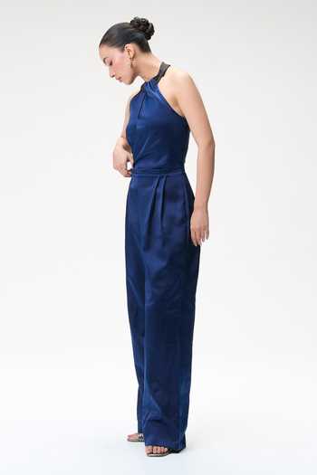 Tara And I Blue Silk Satin Halter Neck, Keyhole Midnight Jumpsuit With Contrast Collar Online at Aza Fashions Tara And I_Blue Silk Satin Halter Neck, Keyhole Midnight Jumpsuit With Contrast Collar _Online_at_Aza_Fashions
