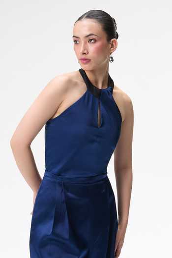 Buy Tara And I Blue Silk Satin Halter Neck, Keyhole Midnight Jumpsuit With Contrast Collar Online at Aza Fashions Buy_Tara And I_Blue Silk Satin Halter Neck, Keyhole Midnight Jumpsuit With Contrast Collar _Online_at_Aza_Fashions
