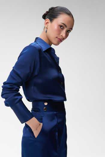 Shop Tara And I Blue Silk Satin Collared Neck Midnight Shirt Online at Aza Fashions Shop_Tara And I_Blue Silk Satin Collared Neck Midnight Shirt _Online_at_Aza_Fashions
