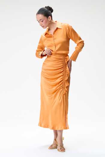Tara And I Coral Silk Satin Collared Neck Shirt Online at Aza Fashions Tara And I_Coral Silk Satin Collared Neck Shirt _Online_at_Aza_Fashions