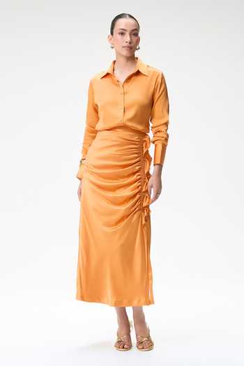 Buy Tara And I Coral Silk Satin Collared Neck Shirt Online at Aza Fashions Buy_Tara And I_Coral Silk Satin Collared Neck Shirt _Online_at_Aza_Fashions
