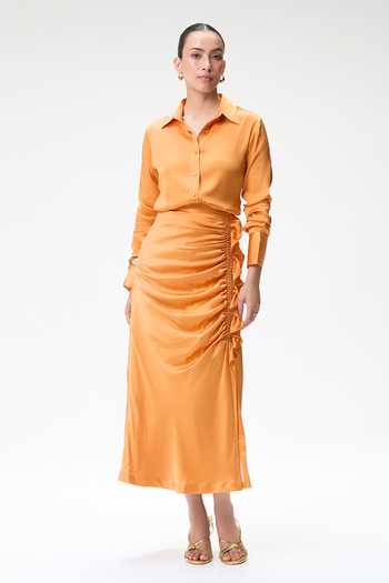 Tara And I Coral Silk Satin Side Ruched Skirt Online at Aza Fashions Tara And I_Coral Silk Satin Side Ruched Skirt _Online_at_Aza_Fashions