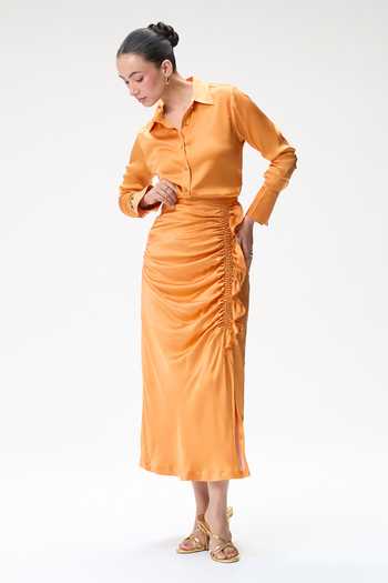 Tara And I Coral Side Ruched Silk Skirt